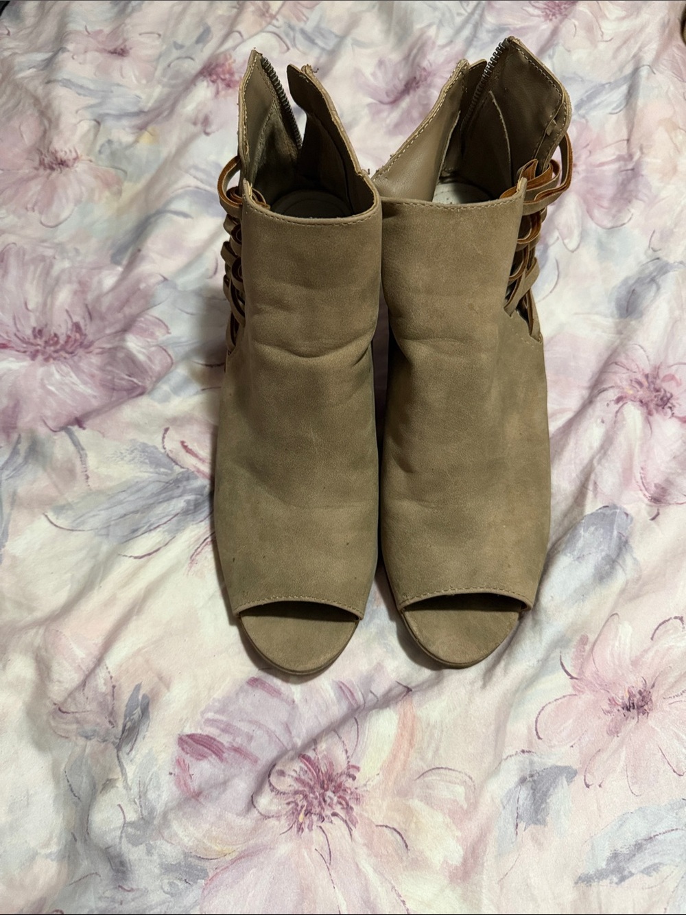 JustFab Taupe Suede Peep-Toe Ankle Booties